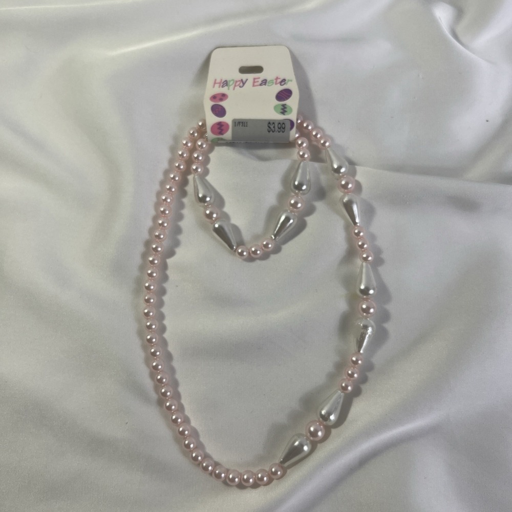 Vintage Happy Easter Girls Pink Pearl Necklace With Bracelet New